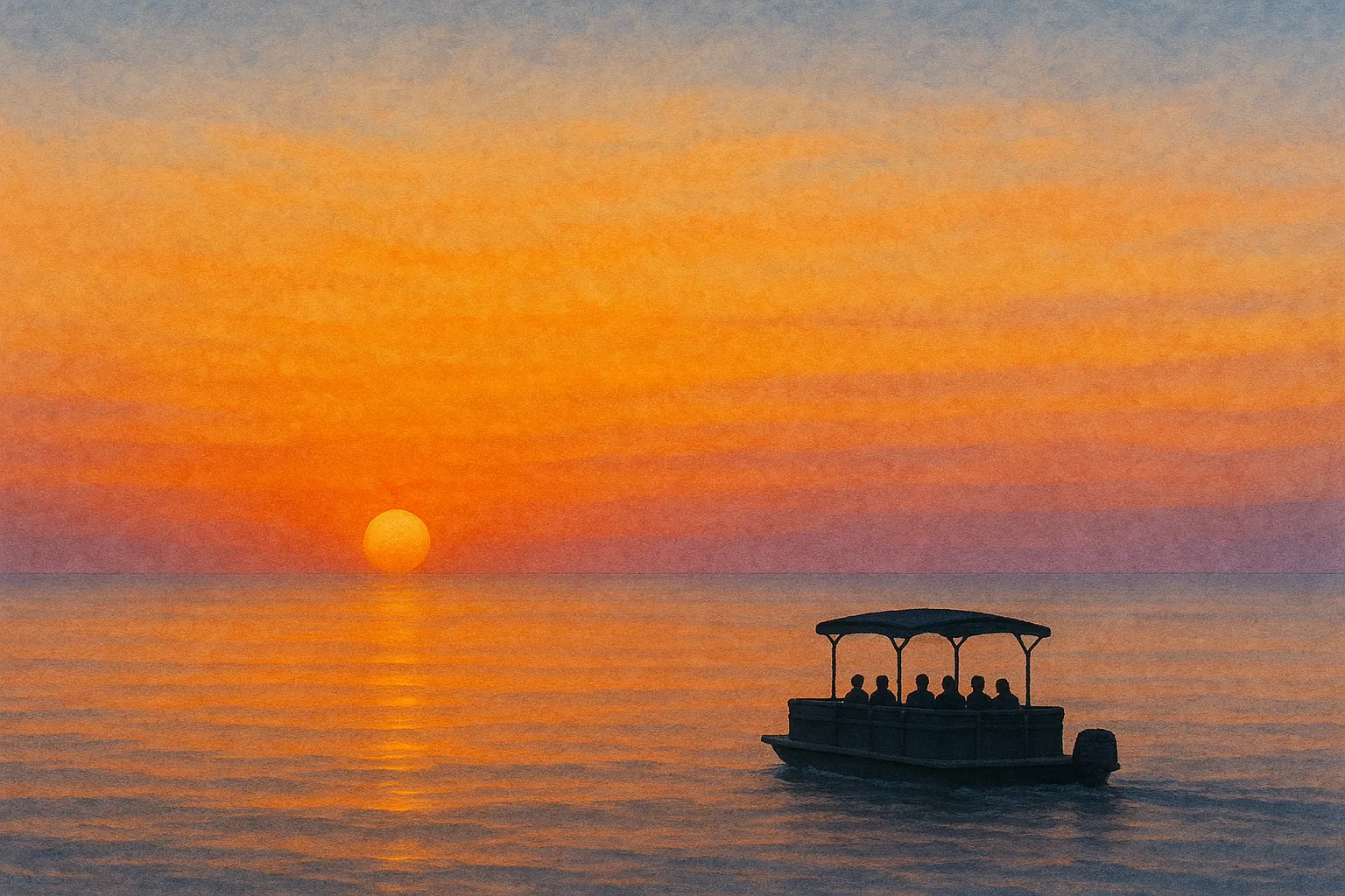 Pontoon boat cruising through Estero Bay at sunset